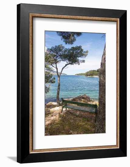 Croatia, Hvar Island, Stari Grad. Picturesque waterfront spot for bench.-Trish Drury-Framed Photographic Print