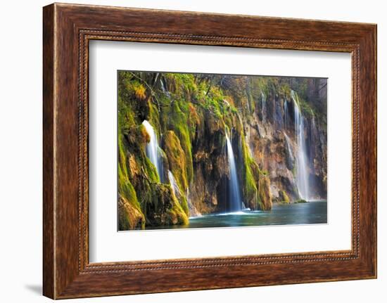 Croatia, Plitvice Lakes National Park. Waterfalls into stream.-Jaynes Gallery-Framed Photographic Print