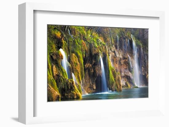 Croatia, Plitvice Lakes National Park. Waterfalls into stream.-Jaynes Gallery-Framed Photographic Print