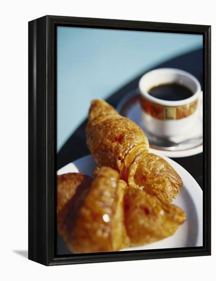 Croissant and Black Coffee on Table, St. Martin, Caribbean-Greg Johnston-Framed Premier Image Canvas