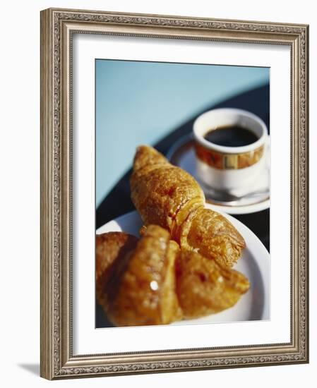 Croissant and Black Coffee on Table, St. Martin, Caribbean-Greg Johnston-Framed Photographic Print