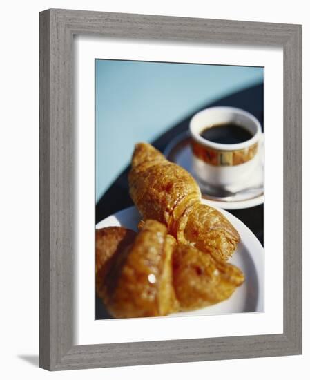 Croissant and Black Coffee on Table, St. Martin, Caribbean-Greg Johnston-Framed Photographic Print