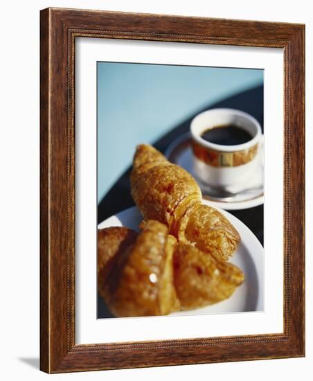 Croissant and Black Coffee on Table, St. Martin, Caribbean-Greg Johnston-Framed Photographic Print