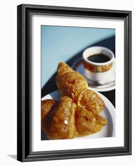 Croissant and Black Coffee on Table, St. Martin, Caribbean-Greg Johnston-Framed Photographic Print