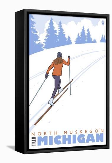 Cross Country Skier, North Muskegon, Michigan-Lantern Press-Framed Stretched Canvas