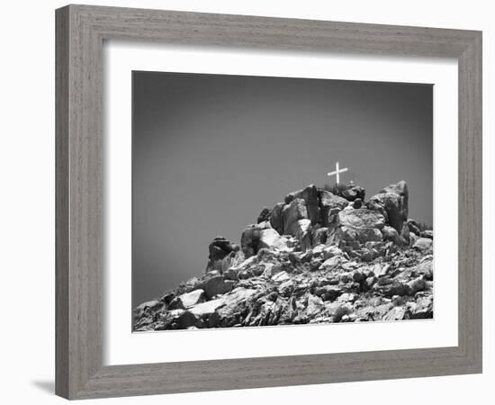 Cross on Top of Sandia Mountain Boulder Mound Landscape in Black and White, New Mexico-Kevin Lange-Framed Photographic Print