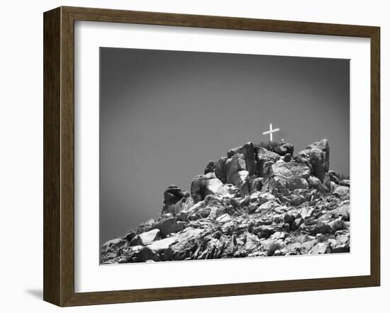 Cross on Top of Sandia Mountain Boulder Mound Landscape in Black and White, New Mexico-Kevin Lange-Framed Photographic Print