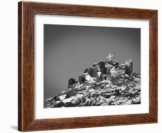 Cross on Top of Sandia Mountain Boulder Mound Landscape in Black and White, New Mexico-Kevin Lange-Framed Photographic Print