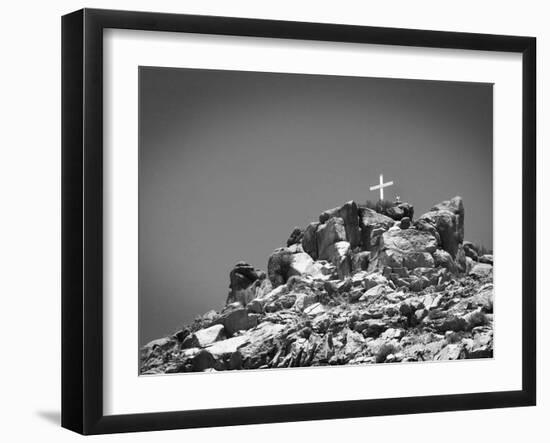 Cross on Top of Sandia Mountain Boulder Mound Landscape in Black and White, New Mexico-Kevin Lange-Framed Photographic Print