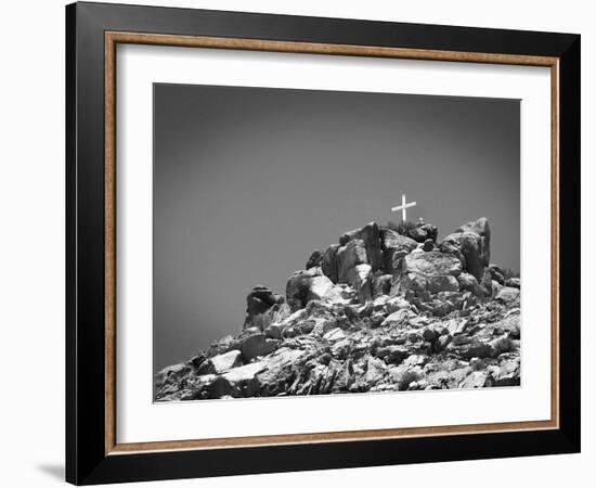 Cross on Top of Sandia Mountain Boulder Mound Landscape in Black and White, New Mexico-Kevin Lange-Framed Photographic Print