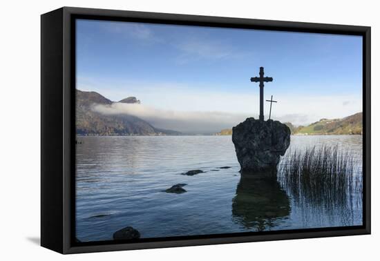 Cross Stone in the Mondsee Lake with View to the Drachenwand, Austria, Salzkammergut-Volker Preusser-Framed Premier Image Canvas