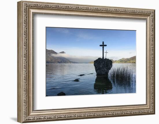 Cross Stone in the Mondsee Lake with View to the Drachenwand, Austria, Salzkammergut-Volker Preusser-Framed Photographic Print