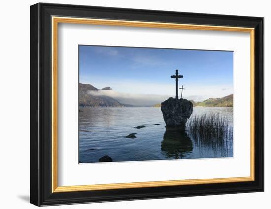 Cross Stone in the Mondsee Lake with View to the Drachenwand, Austria, Salzkammergut-Volker Preusser-Framed Photographic Print