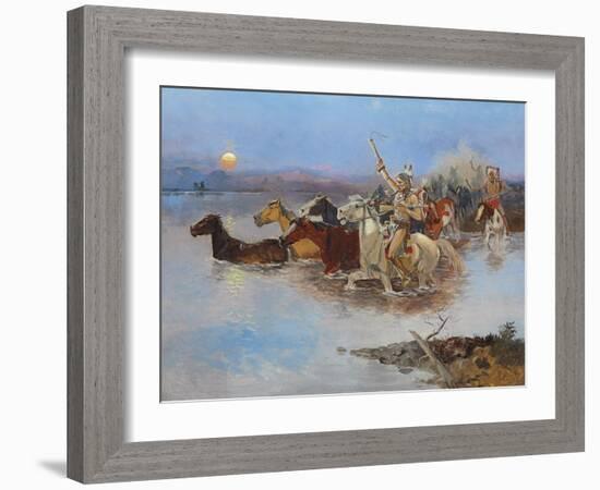 Crossing the River, C.1895 (Oil on Panel)-Charles Marion Russell-Framed Giclee Print