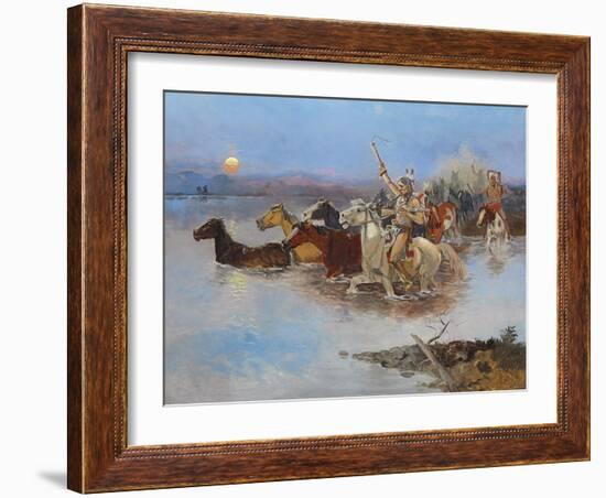 Crossing the River, C.1895 (Oil on Panel)-Charles Marion Russell-Framed Giclee Print