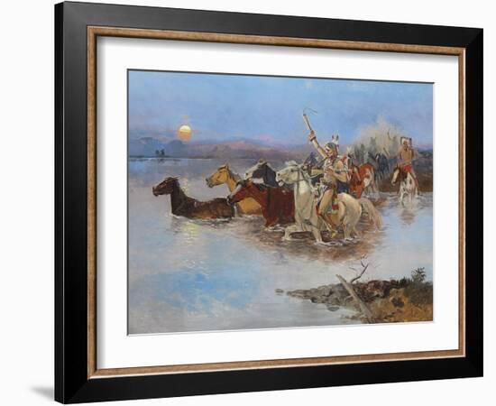 Crossing the River, C.1895 (Oil on Panel)-Charles Marion Russell-Framed Giclee Print