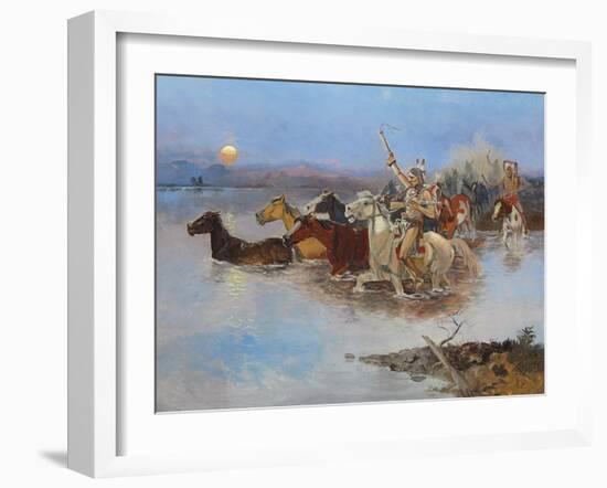 Crossing the River, C.1895 (Oil on Panel)-Charles Marion Russell-Framed Giclee Print