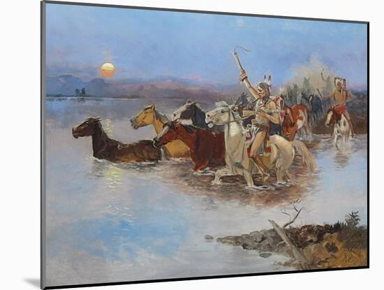 Crossing the River, C.1895 (Oil on Panel)-Charles Marion Russell-Mounted Giclee Print