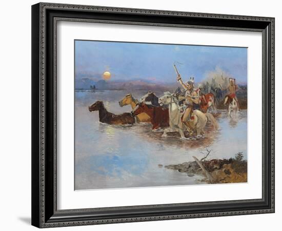 Crossing the River, C.1895 (Oil on Panel)-Charles Marion Russell-Framed Giclee Print