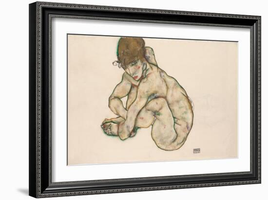 Crouching Nude Girl, 1914-Egon Schiele-Framed Giclee Print