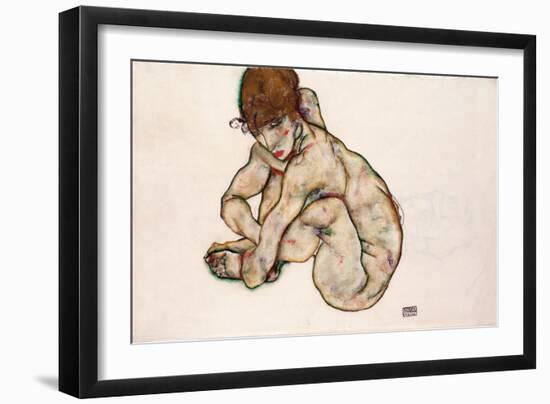 Crouching Nude Girl - Schiele, Egon (1890-1918) - 1914 - Black Chalk, Gouache on Paper - 31,5X48,2-Egon Schiele-Framed Giclee Print