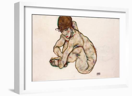 Crouching Nude Girl - Schiele, Egon (1890-1918) - 1914 - Black Chalk, Gouache on Paper - 31,5X48,2-Egon Schiele-Framed Giclee Print