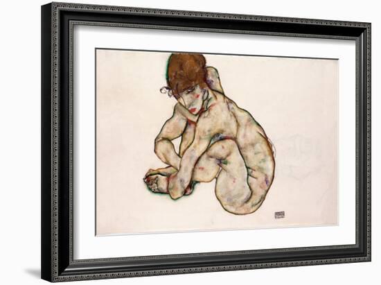 Crouching Nude Girl - Schiele, Egon (1890-1918) - 1914 - Black Chalk, Gouache on Paper - 31,5X48,2-Egon Schiele-Framed Giclee Print