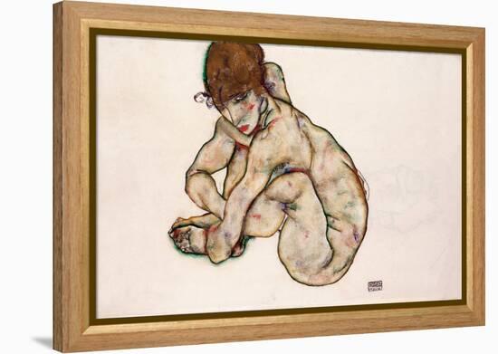 Crouching Nude Girl - Schiele, Egon (1890-1918) - 1914 - Black Chalk, Gouache on Paper - 31,5X48,2-Egon Schiele-Framed Premier Image Canvas