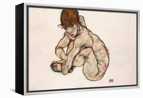 Crouching Nude Girl - Schiele, Egon (1890-1918) - 1914 - Black Chalk, Gouache on Paper - 31,5X48,2-Egon Schiele-Framed Premier Image Canvas