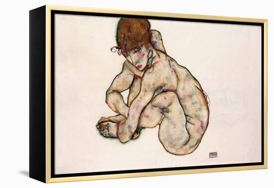 Crouching Nude Girl - Schiele, Egon (1890-1918) - 1914 - Black Chalk, Gouache on Paper - 31,5X48,2-Egon Schiele-Framed Premier Image Canvas