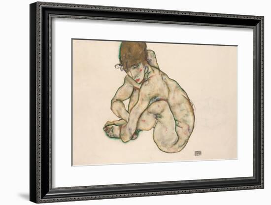 Crouching Nude Girl-Egon Schiele-Framed Premium Giclee Print