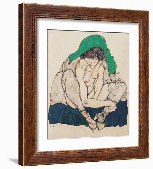 Crouching Woman with Green Headscarf, 1914-Egon Schiele-Framed Premium Giclee Print
