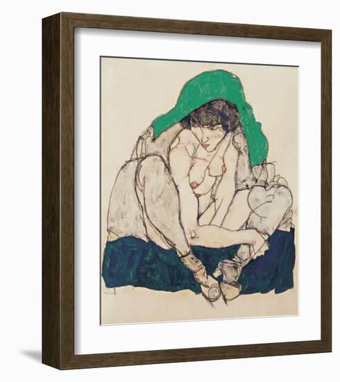 Crouching Woman with Green Headscarf, 1914-Egon Schiele-Framed Premium Giclee Print