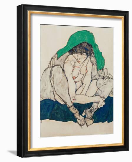 Crouching Woman with Green Headscarf, 1914-Egon Schiele-Framed Giclee Print