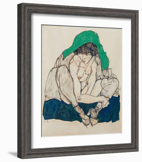 Crouching Woman with Green Headscarf-Egon Schiele-Framed Giclee Print