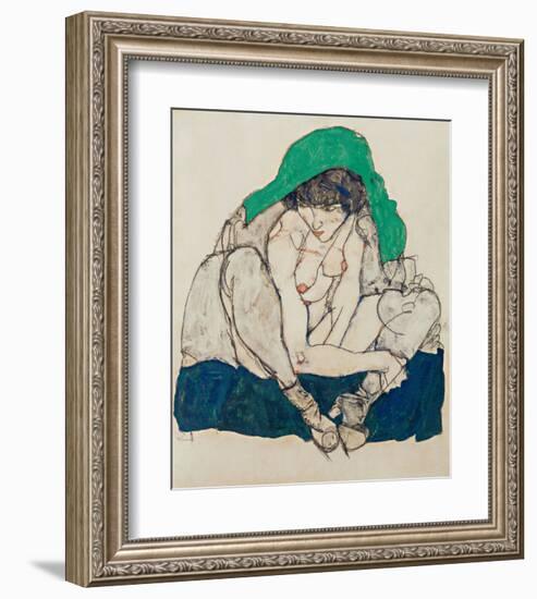 Crouching Woman with Green Headscarf-Egon Schiele-Framed Art Print