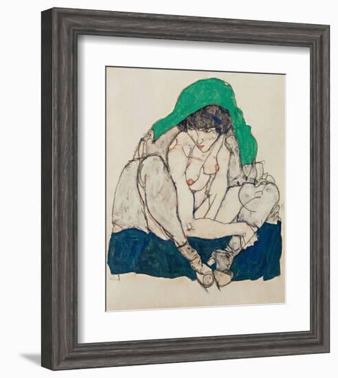 Crouching Woman with Green Headscarf-Egon Schiele-Framed Art Print