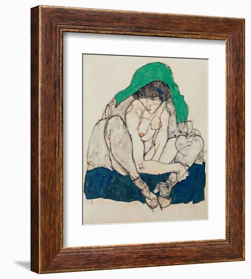 Crouching Woman with Green Headscarf-Egon Schiele-Framed Art Print