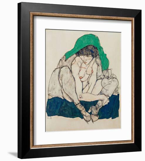 Crouching Woman with Green Headscarf-Egon Schiele-Framed Art Print