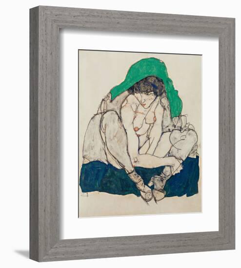 Crouching Woman with Green Headscarf-Egon Schiele-Framed Art Print