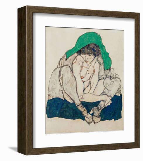 Crouching Woman with Green Headscarf-Egon Schiele-Framed Art Print