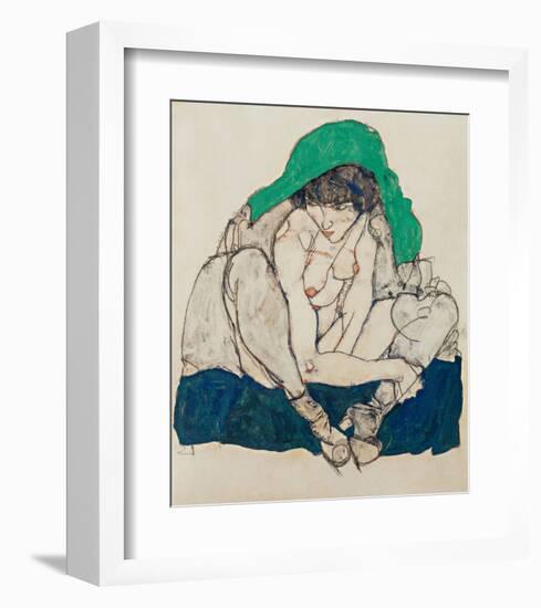 Crouching Woman with Green Headscarf-Egon Schiele-Framed Art Print