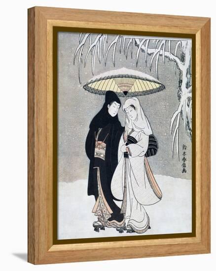 Crow and Heron, or Young Lovers Walking Together under an Umbrella in a Snowstorm, C1769-Suzuki Harunobu-Framed Premier Image Canvas