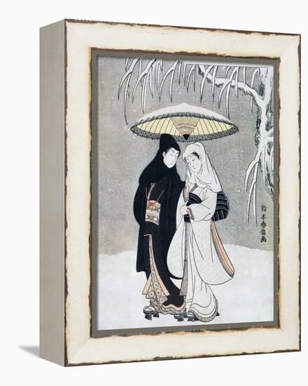 Crow and Heron, or Young Lovers Walking Together under an Umbrella in a Snowstorm, C1769-Suzuki Harunobu-Framed Premier Image Canvas