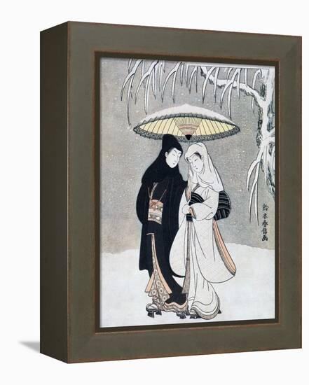 Crow and Heron, or Young Lovers Walking Together under an Umbrella in a Snowstorm, C1769-Suzuki Harunobu-Framed Premier Image Canvas