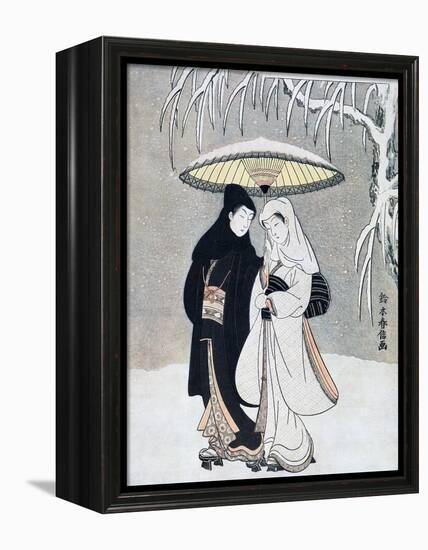 Crow and Heron, or Young Lovers Walking Together under an Umbrella in a Snowstorm, C1769-Suzuki Harunobu-Framed Premier Image Canvas