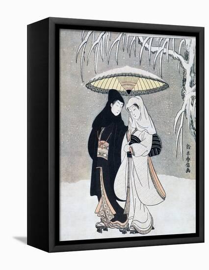 Crow and Heron, or Young Lovers Walking Together under an Umbrella in a Snowstorm, C1769-Suzuki Harunobu-Framed Premier Image Canvas