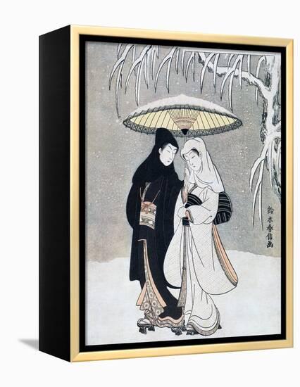 Crow and Heron, or Young Lovers Walking Together under an Umbrella in a Snowstorm, C1769-Suzuki Harunobu-Framed Premier Image Canvas