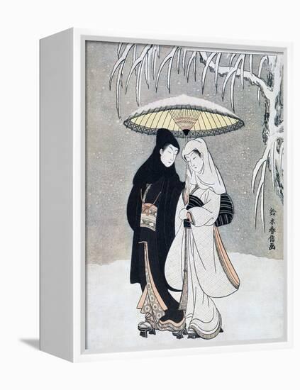 Crow and Heron, or Young Lovers Walking Together under an Umbrella in a Snowstorm, C1769-Suzuki Harunobu-Framed Premier Image Canvas