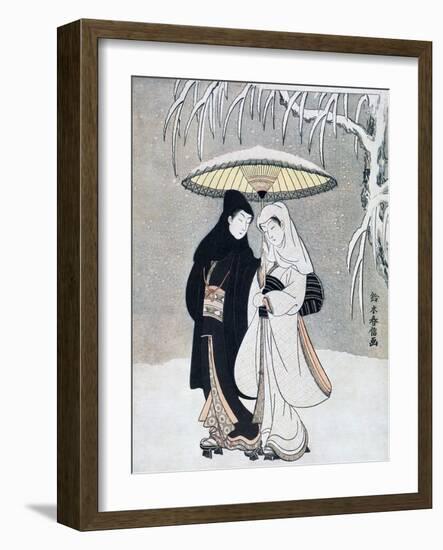 Crow and Heron, or Young Lovers Walking Together under an Umbrella in a Snowstorm, C1769-Suzuki Harunobu-Framed Premium Giclee Print